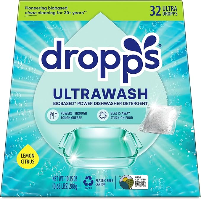 Dropps UltraWash Dishwasher Detergent Pods, Lemon Citrus (32 Ct) - Cuts Grease & Stuck-On Food | Sparkling Dishes & Glasses | Residue-Free | Clean Ingredients | No Pre-Rinse | Plastic Free Packaging