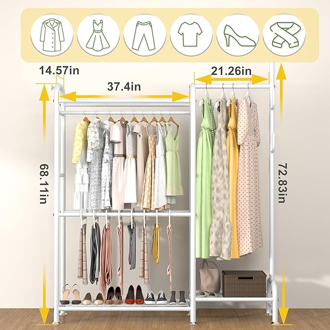 GAIOUS White Portable Closet Rack Wardrobe Clothes, Metal Garment Rack with Shelves for Hanging Clothes Rods，Freestanding Closet Wardrobe Organizer for Cloakroom, Bedroom