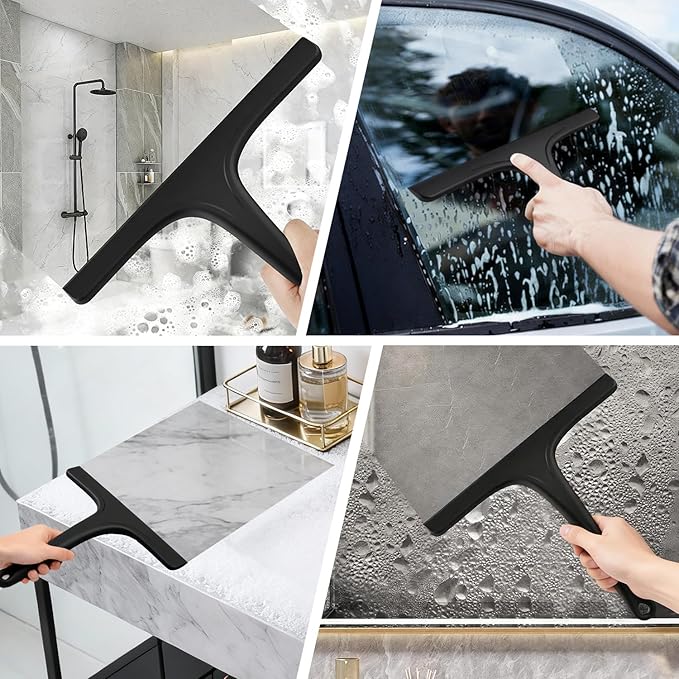 Silicone Shower Squeegee for Bathroom Glass Doors, with Hanging Hole for Easy Storage, Removes Water Spots from Windows, Mirrors, Tiles & Kitchen Surfaces-Black, 10 Inch
