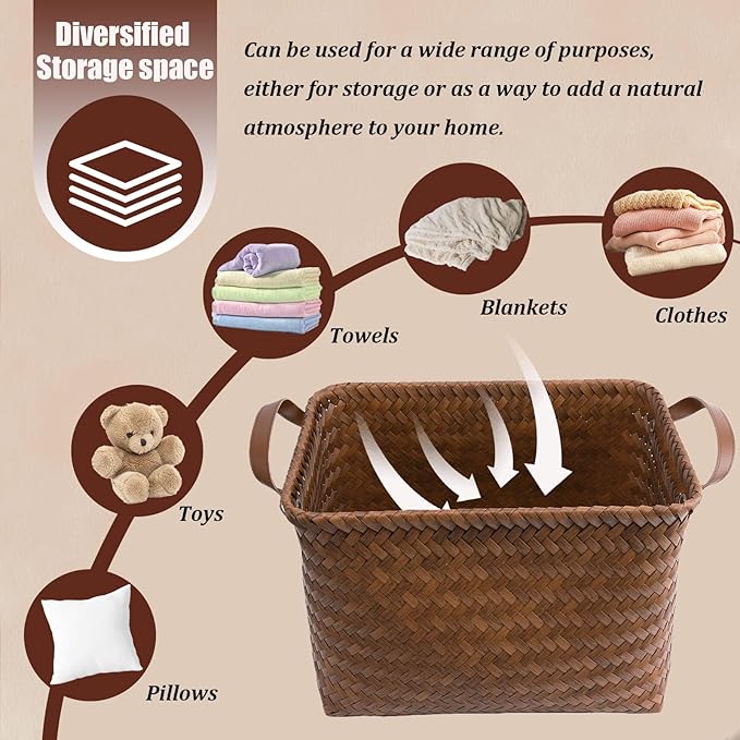 BROWNLILY Handwoven Clothes Basket Laundry Hampers Large Wicker Storage Baskets for Shelves Blankets Closet Storage Bins Car Bedroom Bathroom Organizers and Storage Bath (Pack of 4, Brown)