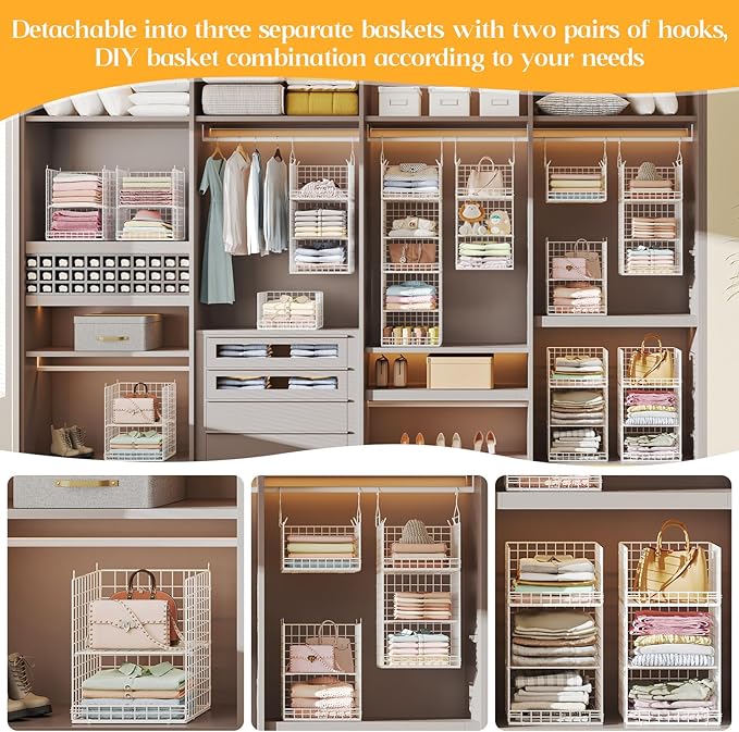 Yuyetuyo ﻿5 Tier Hanging Closet Organizer Separable Hanging Closet Shelves with 4 Hooks 2 Adjustable Dividers, Wire Storage Basket Bins for Clothing Sweaters Socks Dolls Handbags, Foldable