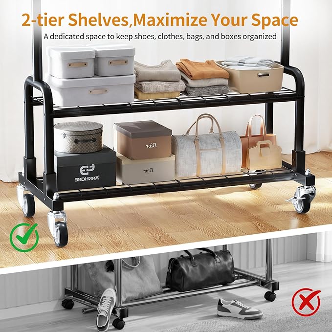 Luxspire Heavy Duty Clothes Rack, Clothing Rack Load 600 LBS, Rolling Clothes Racks for Hanging Clothes with Sturdy Wheels & 2 Tier Shelves, Adjustable Garment Rack for Bedroom, Laundry Room, Black
