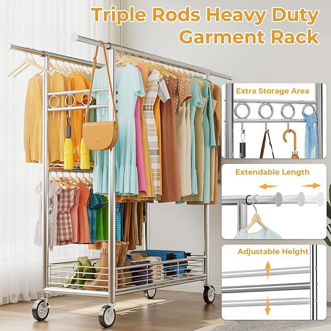 Heavy Duty Clothes Rack Load 960LBS, Three Rods Rolling Clothing Racks for Hanging Clothes, Rolling Garment Rack With Sturdy Wheels Shelves Hooks, Portable & Adjustable Commercial Garment Rack, Silver
