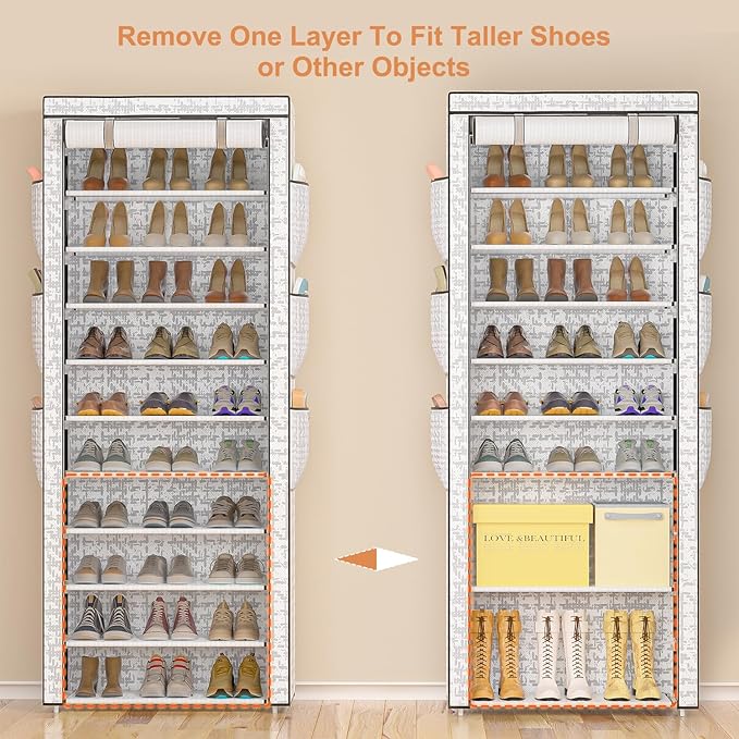 OYREL Shoes Rack 10 Tier Tall Shoe Rack with Storage Pockets, Fabric Covered Shoe Racks,Metal Shoes Rack Organizer for Closets,Bedroom, Garage