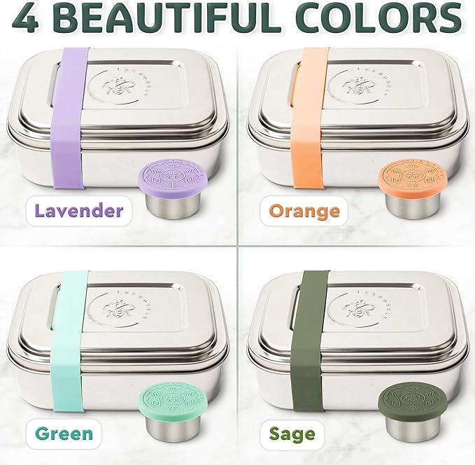 Everusely - Bento Box - Lavender, 37oz / 1.1 L - Stainless Steel Lunch Box with Leakproof Condiment Container - 3 Compartment Snack Organizer for On the Go Meals - Freezer & Dishwasher Safe