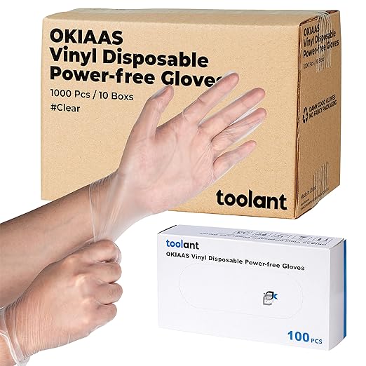 OKIAAS Disposable Gloves S, Bulk of 1000 Pcs|Latex and Powder-Free Clear Vinyl Gloves for Household, Food Handling, Lab Work and more, 10 Dispenser Boxes