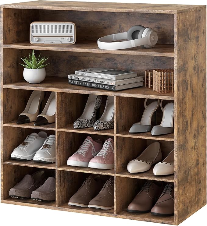 Garden 4 you Shoe Rack Organizer, 5-Tier Wood Cubby Shoe Rack with 2 Storage Shelf and 9 Cubbies, Shoe Organizer Cabinet for Entryway, Hallway, Closet and Garage,Brown