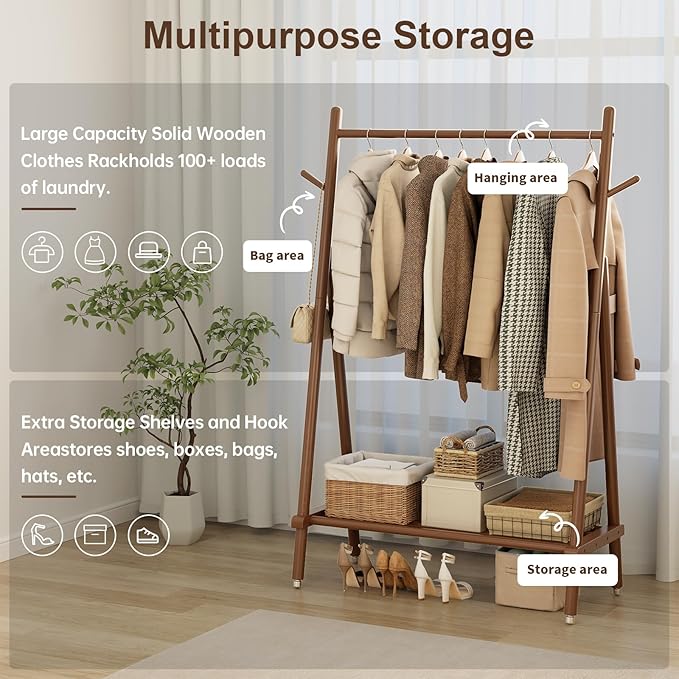 Muwuele Solid Wood Clothing Rack, Rolling Clothes Rack for Hanging Clothes, Garment Rack with Shelves Load 350 Lbs, Portable Closet Organizer on Wheels for Hanging Clothes (Walnut)
