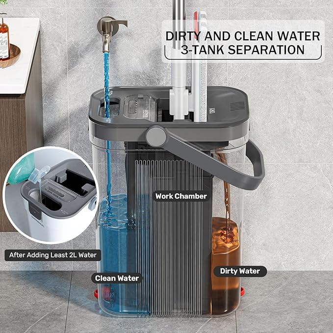 Mop and Bucket Set, Flat Mop and Bucket System with Separate Dirty and Clean Water, 3-Compartment Wall Cleaner Mop, Flat Mops for Floor Cleaning with 8 Microfiber Pads