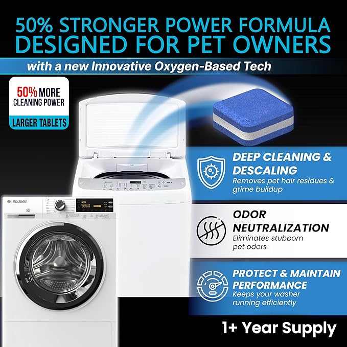 Washing Machine Cleaner New Ultra Pro Tablets 50% Stronger Formula for Pet - 56 Pack, HE Front & Top Load, Washer Deep Cleaning, Remove Tough Pet Hair, Odors, Residue & Grime, No Dander Build-up
