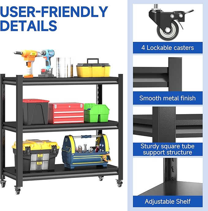 Standing Storage Racks,3 Tier Garage Shelving Heavy Duty Adjustable Garage Shelves,Large Modular Shelving Unit Storage Organizer for Kitchen/Bathroom/Pantry/Office-Assembly Required(Black)