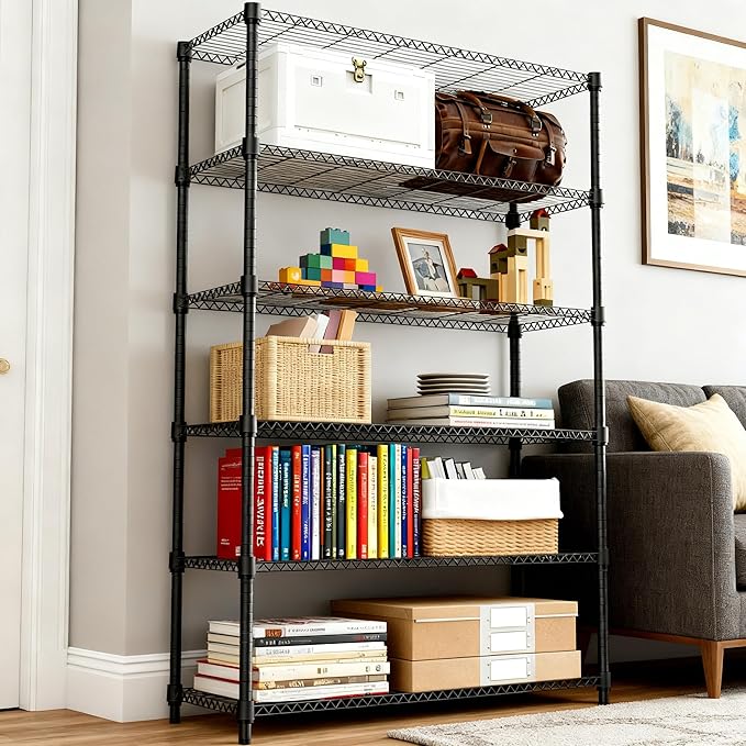 M MZG 2100LBS 47.2" W 6 Tiers Shelf Storage Shelves Metal Shelving Unit Heavy Duty Garage Shelving Adjustable Wire Shelves for Pantry,Kitchen,Garage,Basement,Black 17.7" D x 47.2" W x 82.4" H