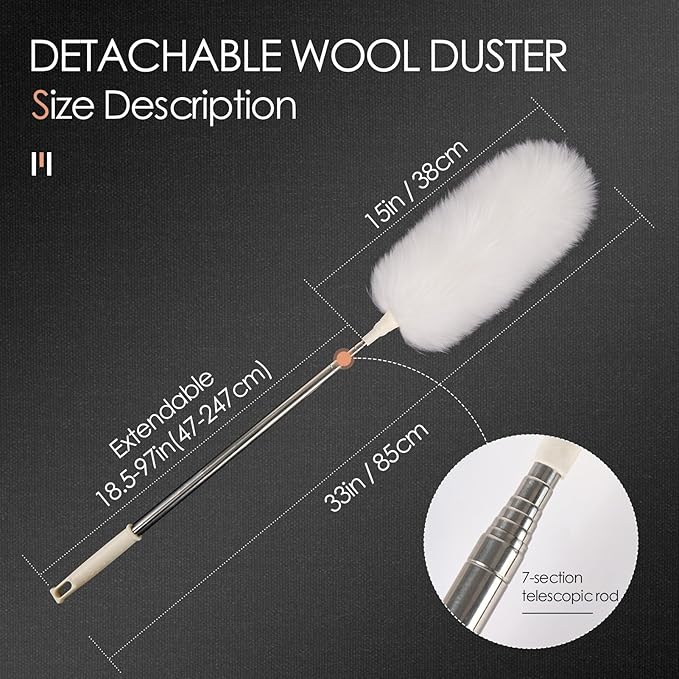 Extendable Lambswool Duster 29-110 Inch,Anti-Static Flexible Head, Stainless Steel Pole for Cleaning High Ceiling,Fan,Furniture,Roof Dusting