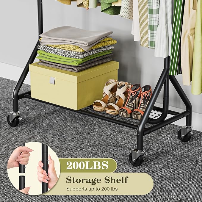 Holiwei Clothes Rack Load 450 LBS, Heavy Duty Garment Rack, Standing Rolling Metal Hanging Clothes with Sturdy Wheels & Shelves, Black
