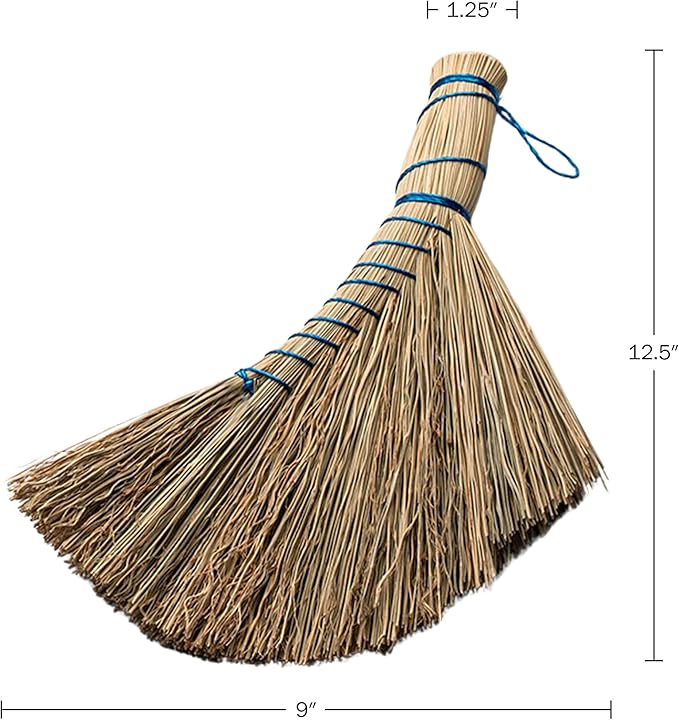 Natural Straw Whisk Broom - 12.5 Inch Small Hand Broom with Ergonomic Shape for Multi-Surface Cleaning - Stiff Bristle Brush for Indoor or Outdoor Use by Kings County Tools