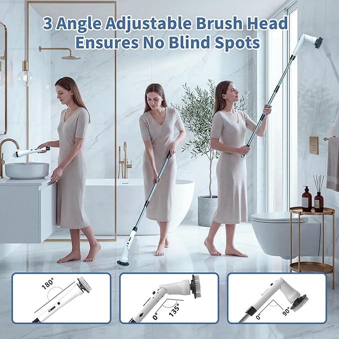 Electric Spin Scrubber, Hillyfe Bathroom Scrubber Electric with 7 Replaceable Brush Heads, IPX7 Waterproof,300/400 RPM, 3 Adjustable Length,Scrubber Brush Electric for Bathtub Floor,White