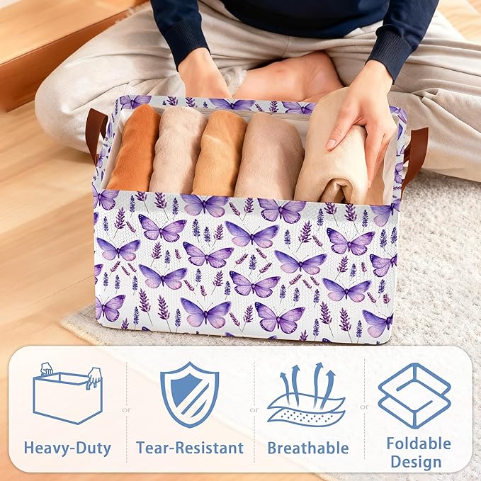 Lavender Storage Baskets,Purple Butterfly Foldable Organizer Bin with Handles for Home Living Room Bedroom Closet Box 17x11.5x10Inch