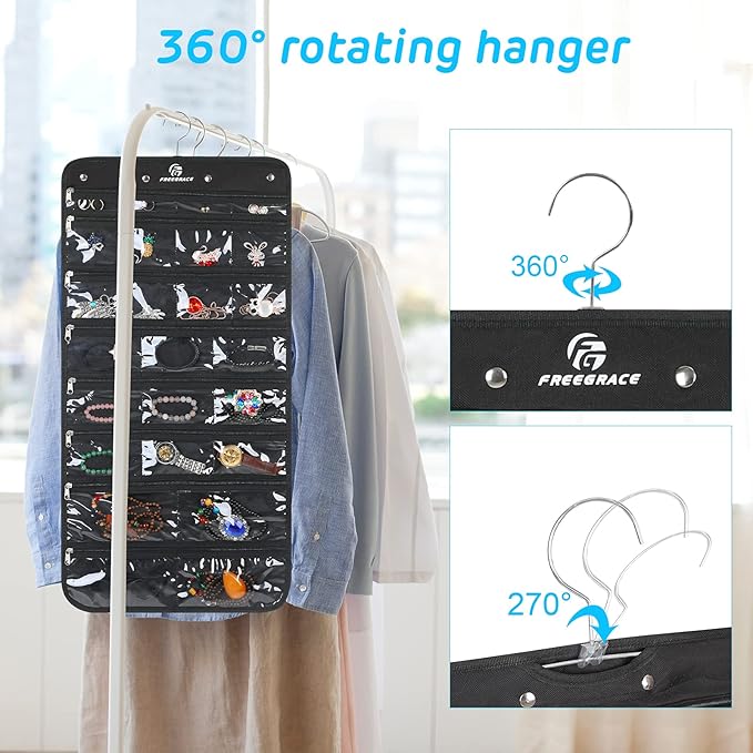 Hanging Jewelry Organizer with 50 Transparent Pockets, 360° Rotating Hanger & Secure Zipper Closure - Foldable Double Sided Jewelry Storage Bag for Earrings, Rings, Necklaces, Bracelets (Black)