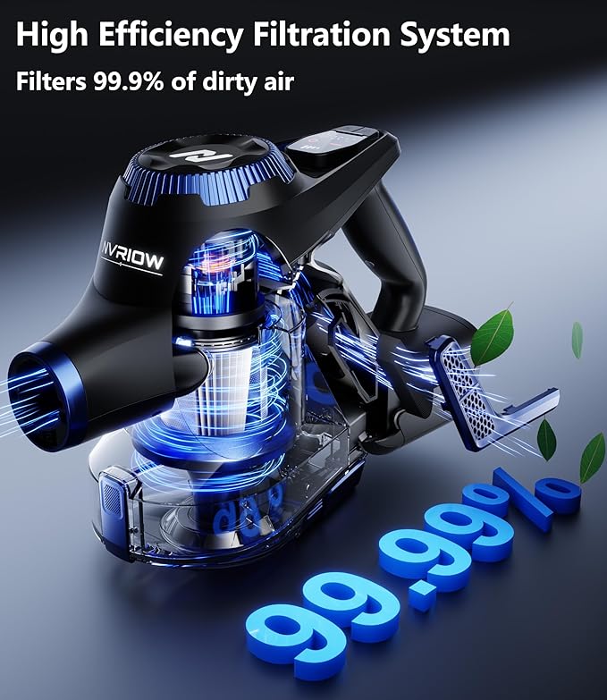 Nvriow Cordless Vacuum Cleaner for Home, 45Kpa Stick Vacuum, Max 80mins Runtime, 1.5L Dust Cup, Rechargeable Lightweight Handheld Vacuum for Carpet/Hardwood Floor/Pet Hair/Car (Navy Blue)