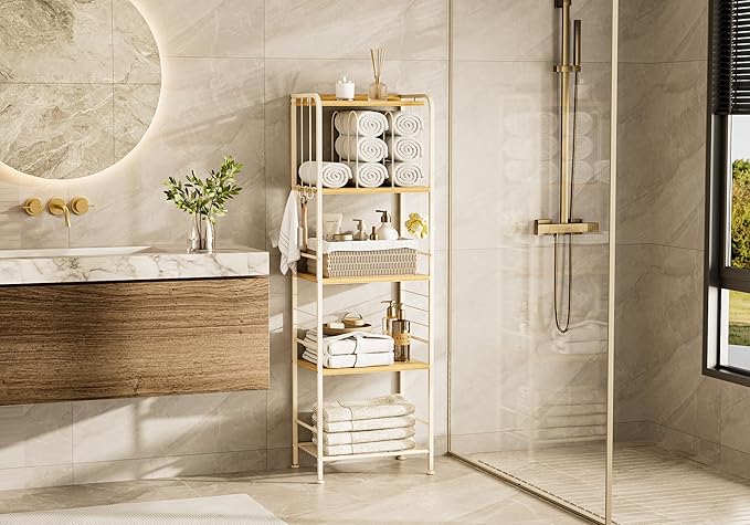TETOTE 5-Tier Bathroom Towel Rack Metal Towel Storage Organizer M-Shaped Detachable Dividers Towel Holder for Pool, Laundry, White