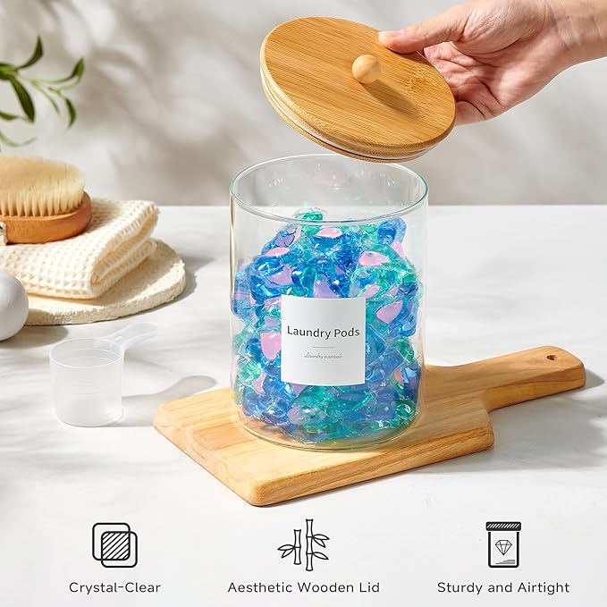 Glass Laundry Pods Container & Acrylic Dryer Sheet Holder with Bamboo Knobs Lids, Scoops & Labels | Premium Laundry Room Organization and Storage for Detergent Pods, Powder, Dryer Balls & Beads