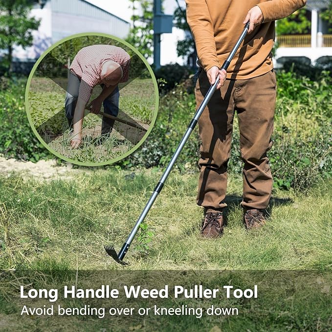 Weed Puller Tool with Long Handle(58IN), 2-in-1 Gardening Hand Tools Weeds Remover, Weeder Rake & Garden Hoe Combo, Manual Weeding Puller Tool for Garden Yard Patio Lawn