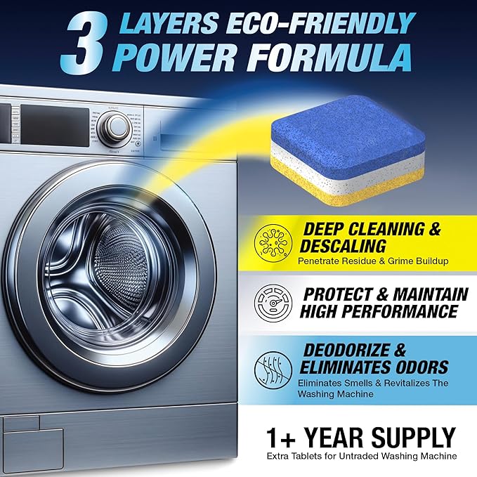 Washing Machine Cleaner Descaler 28 Pack - Designed for Front Loader Washer - Deep Cleaning Tablets For HE, Septic Safe Eco-Friendly Deodorizer, Clean Inside Drum & Laundry Tub Seal - 14 Month Supply