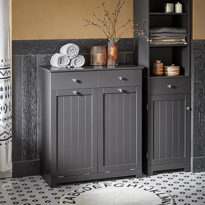 Haotian Tilt-Out Bathroom Laundry Cabinet Hidden Hamper Organizer with Double Baskets and Drawers Storing Unit Storage, Grey BZR33-DG