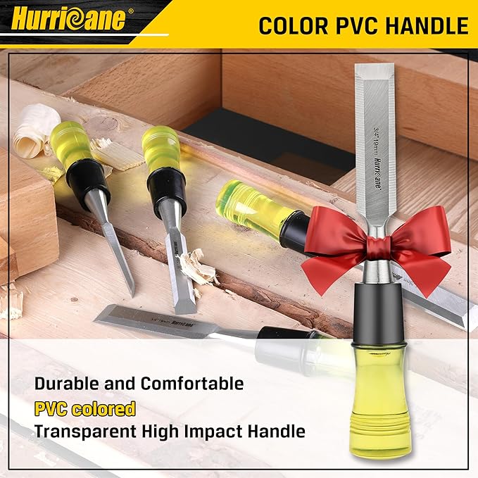 HURRICANE 4 Piece Wood Chisel Set for Woodworking. CR-V Steel Beveled Edge Blades with Safety Caps. Extra Large Grip, Impact-Resistant PVC Handle Chisels (1/4", 1/2", 3/4", 1")