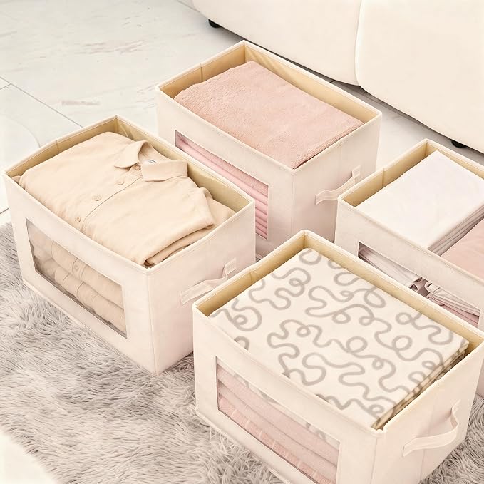 Citylife 3-Pack Storage Bins with Lids, Fabric Foldable Storage Bins with Soft Cord Handles, Canvas Storage Bin with Lid for Organizing Clothes, Blankets and Books, Beige