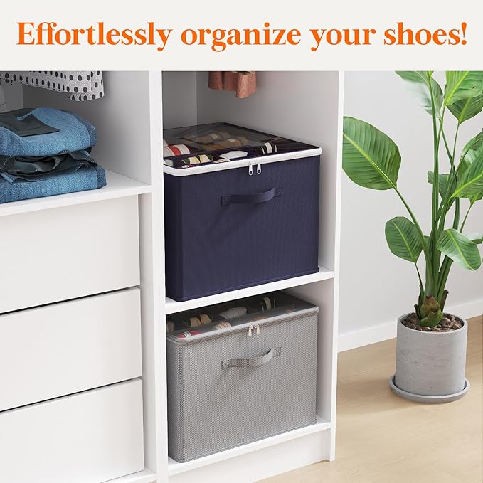 Lifewit 6 Pack Shoe Storage Organizer for Closet, Large Shoe Box Storage Containers with Clear Cover, Foldable Storage Bins Fit for Boots Fits 72-96 Pairs (Each 12-16 Pairs) Blue