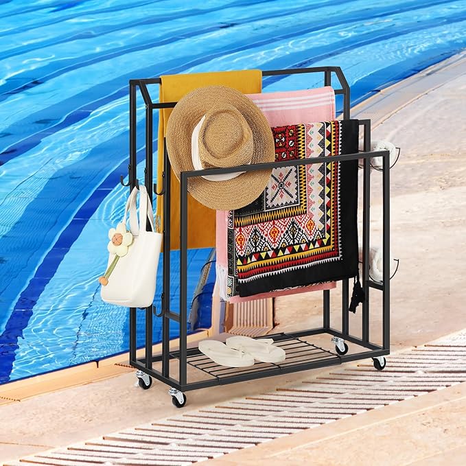 Towel Rack for Bathroom Freestanding Towel Holder Stand Black Blanket Holder for Floor Large Towel Cart with Wheels, Storage Shelves, 6 Metal Hooks for Bathroom, Pool, Living Room