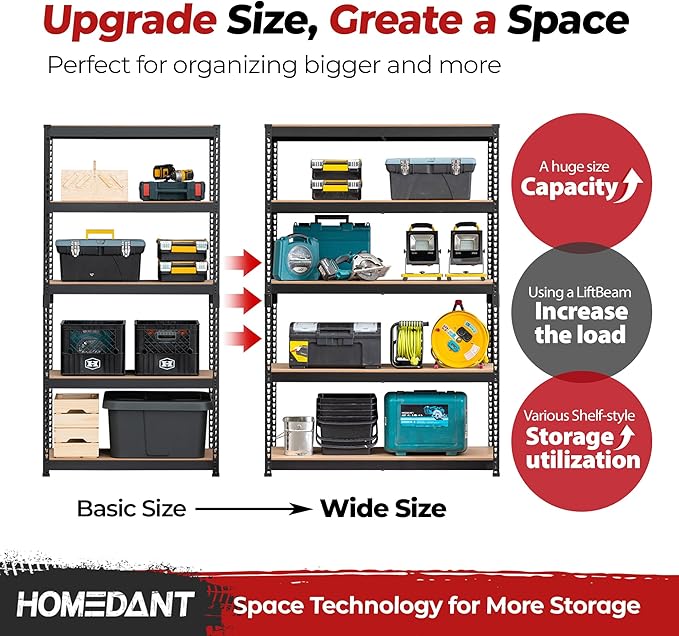 HOMEDANT 47.7" W Deep 5 Tier Heavy Duty Garage Shelving Adjustable Metal Rack Storage Shelves Standing Shelf Unit Organizers Industrial Warehouse Basement Black 2Pack