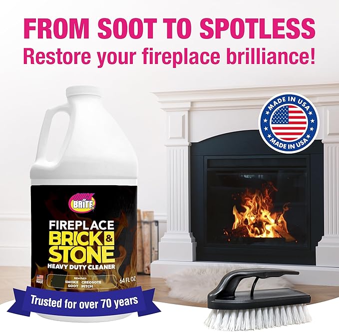 Quick 'n Brite Fireplace Brick and Stone Cleaner 64oz - Natural Stone, Tile, and Marble Cleaner with Scrub Brush - Indoor Fireplace and Wood Stove Cleaning Kit - Pellet Stove Creosote Remover