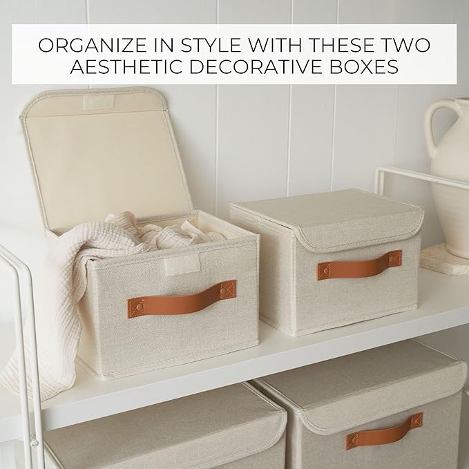 Decorative Linen Storage Boxes with Lids - Spacious Set of 2 Organizer Bins for Your Home Decor - The Perfect Small Container to Safely Store Photos, Documents and Memory Box Keepsakes in Style