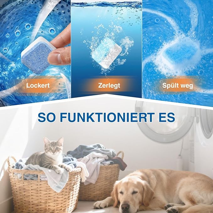 flowcheer Washing Machine Cleaner for Pet Hair & Odor Deep Cleaning Tablets for Washer Drum & Tub – Breaks Down Odor-Causing Buildup, Loosens Pet Hair Residue – 24 Tablets, 1 Year Supply