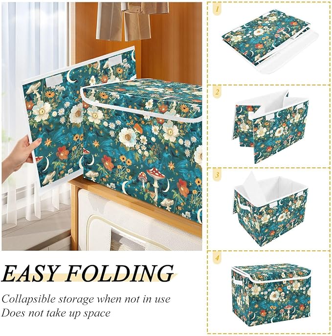 senya Large Storage Bins with Linen Collapsible Foldable Storage Cubes Fabric Closet Organizer Containers box with Flip-Top Lid for Home Bedroom Office 16.7 x 12.6 x 11.8in (Flowers Mushrooms Stars)