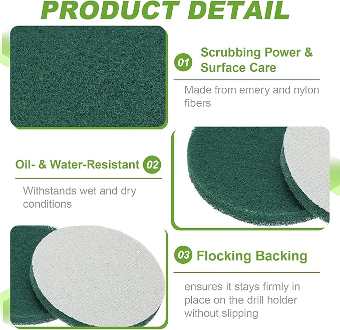 Power Scrub Pads, Scrubbing Pads 400 Grits Scouring Discs - Fitting for (Home Kitchen Cleaning - Drill Attachment - Scrubber Replacement) 6 Pcs & 5 Inch & Dark Green