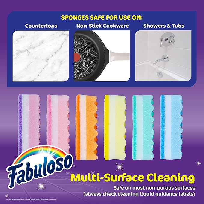 Fabuloso Scratch-Free Kitchen Dish Sponges, Rainbow Cellulose Scrubber Sponge with Scouring Pad for Dishes, Pots, Pans, Counters and Sinks, Tough on Messes, 4.25 x 2.75 x 1.25 in, 12 Count