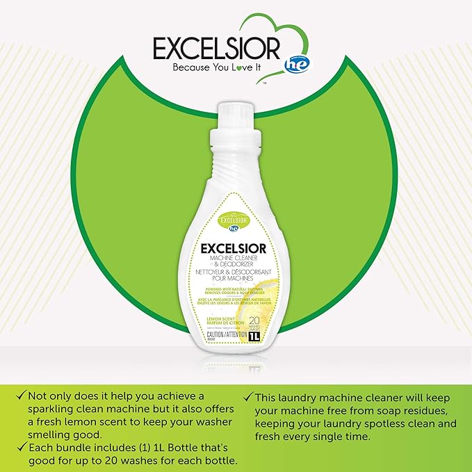 Excelsior HE Washing Machine Cleaner and Deodorizer, Removes Odors & Residues for 20 Cleanings of High Efficiency Washers, Lemon Scent, 1 Liter Bottle