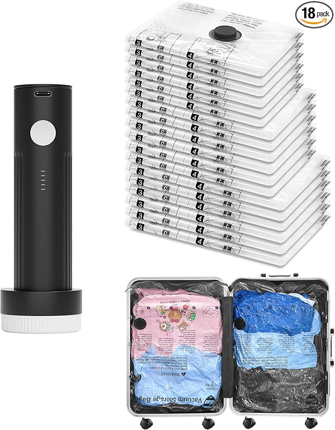 Vacuum Bags for Travel with Rechargeable Pump, 18 Combo (6L/6M/6S) Compression Packing Seal Bags for Luggage Suitcase, Space Saver for Clothing and Clothes Storage Travel