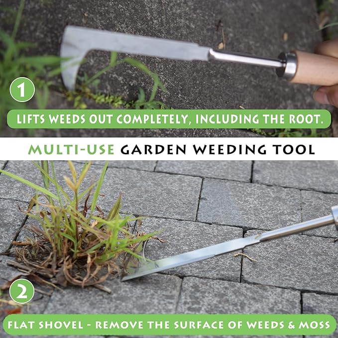 Crack Weeder, 12" Stainless Steel Crevice Weeding Tool with Wood Handle, L-Shaped Side-Walk Weed Puller Spatula, for Garden Lawn Yard Patio Terrace Paving Moss, Small Gardening Tool