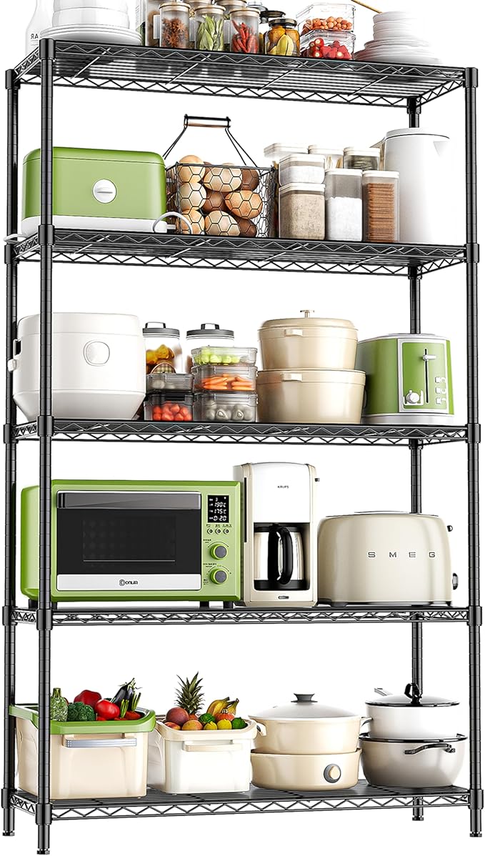 5-Tier Storage Shelves 72" H Wire Shelving, Adjustable Metal Shelving Pantry Shelves, 1325LBS Heavy Duty Rack with Shelf Liners for Garage Commercial Kitchen, 36" W x 14" D x 72" H, Black
