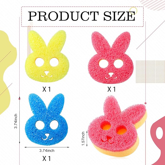 3 Pcs Dual Sided Scrub Sponge Multi Functional Cute Temperature Sensitive Non Scratch Dish Sponge for Washing Dishes Kitchen Bathroom(Rabbit,Pink, Yellow, Blue)