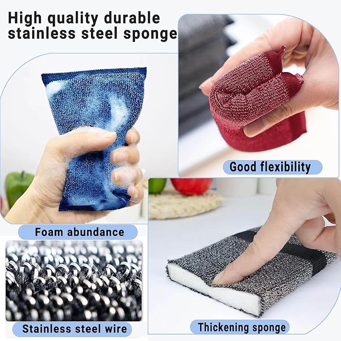 Steel Wool Scrub Sponges – Non-Scratch Microfiber Kitchen Scrubbers for Pots, Pans, and Household Cleaning – Heavy-Duty, Reusable Sponges (Green)