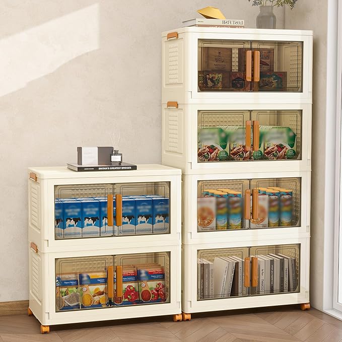 Plastic Stackable Storage Bins with Lids and Wheels, 180QT-45QT*4Tier Foldable Closet Organizers and Containers, Collapsible Clear Drawer Storage Cabinet with Doors Ivory White