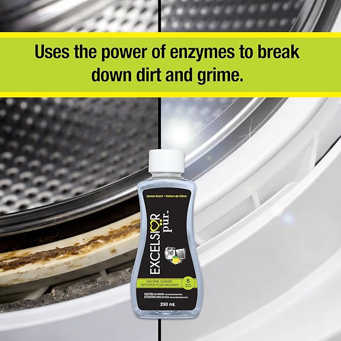 Excelsior Pür System Enzyme-Powered Washing Machine Cleaner Liquid, 250 ml (5 Uses), HE & Standard, Drum & Seal Deep Clean, Residue & Odor Buildup Remover