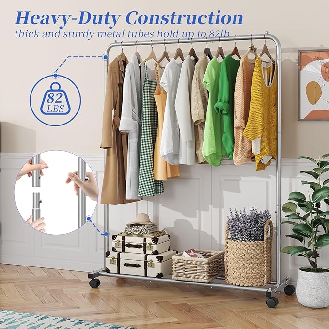 Simple Trending Standard Clothes Clothing Garment Rack with Storage Shelves, Rolling Clothes Organizer on Wheels for Hanging Clothes, Silver
