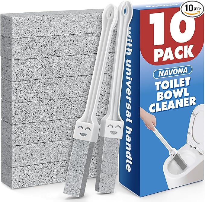Navona 10 Pack Pumice Stone Toilet Bowl Cleaner with 2 Extra Long Handle,Pumice Stone Scouring Sticks for Toilets, Bathrooms, Kitchens, Spas and Pools