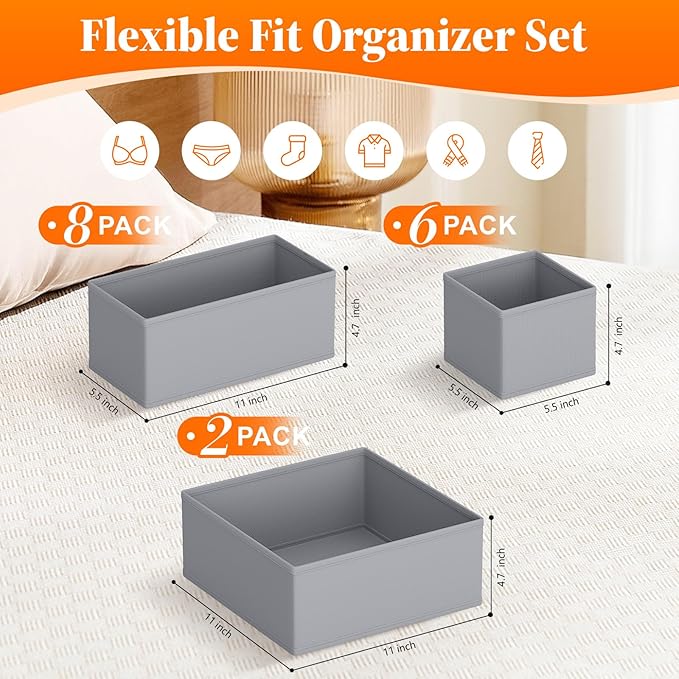 TasticTotes Drawer Organizer Clothes, 16 Pack Drawer Organizers and Underwear Organizer for Nursery, Dividers Clothes Organizer, Closet Organization and Foldable Storage Bins for Socks, Bra, Tie, Grey